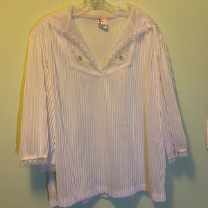 White Pleated Blouse with Lace Trim